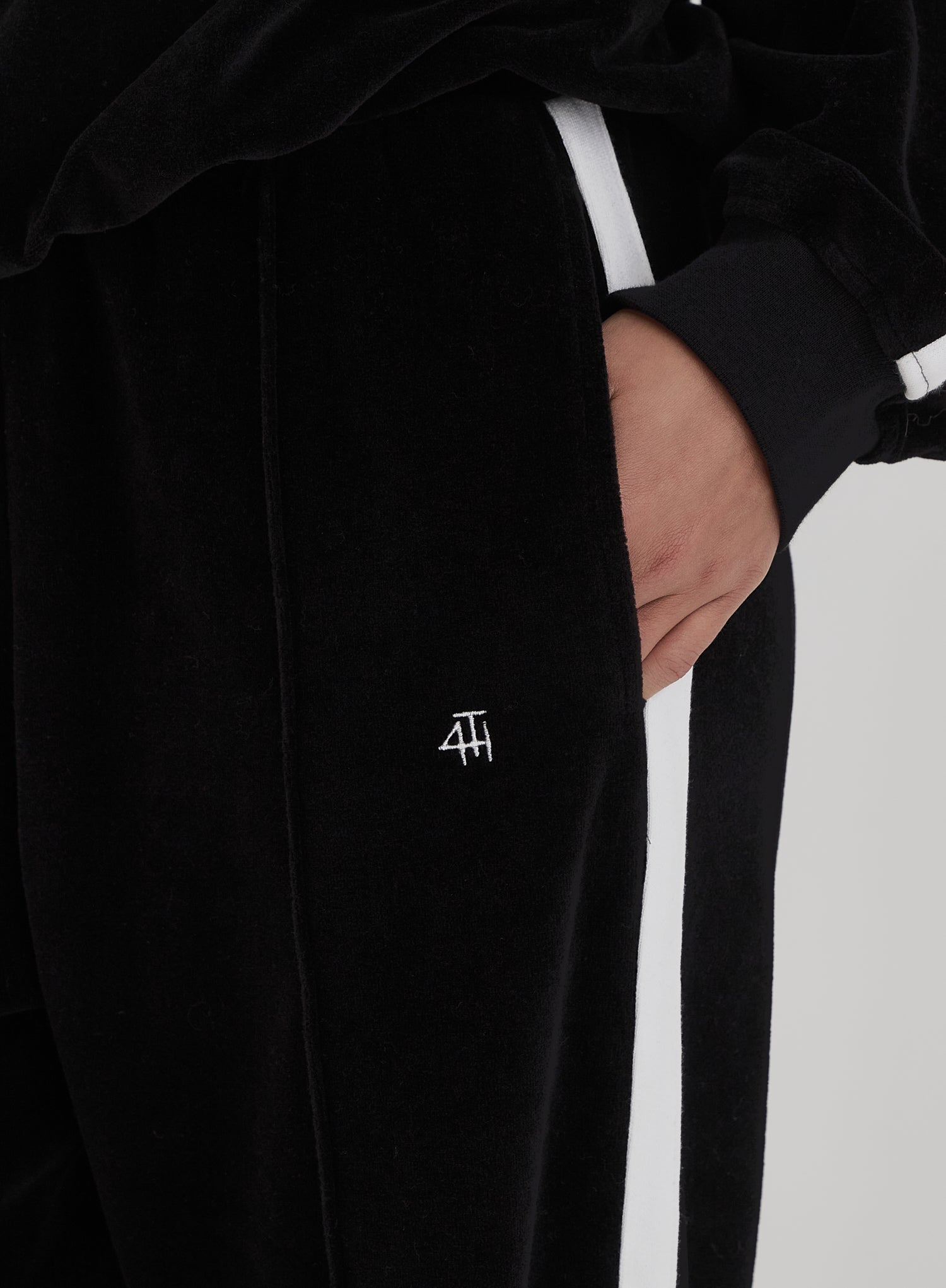 Black Velour Constrast Stripe Wide Leg Jogger